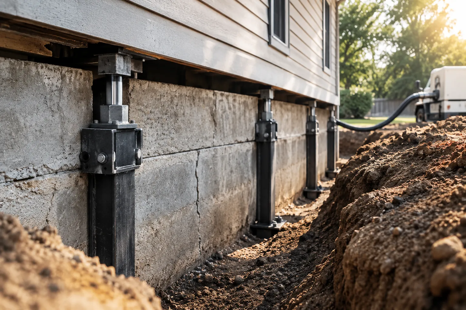 Push piers being installed to underpin a home's foundation